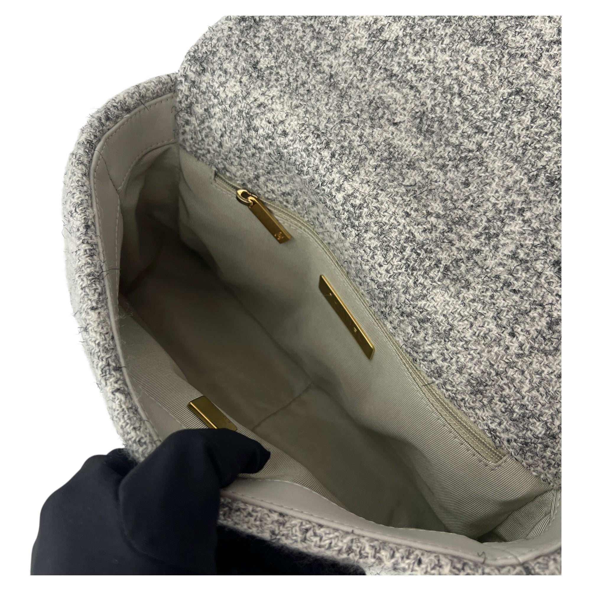 C19 Small Grey Shoulder Bag in Tweed, Gold hardware