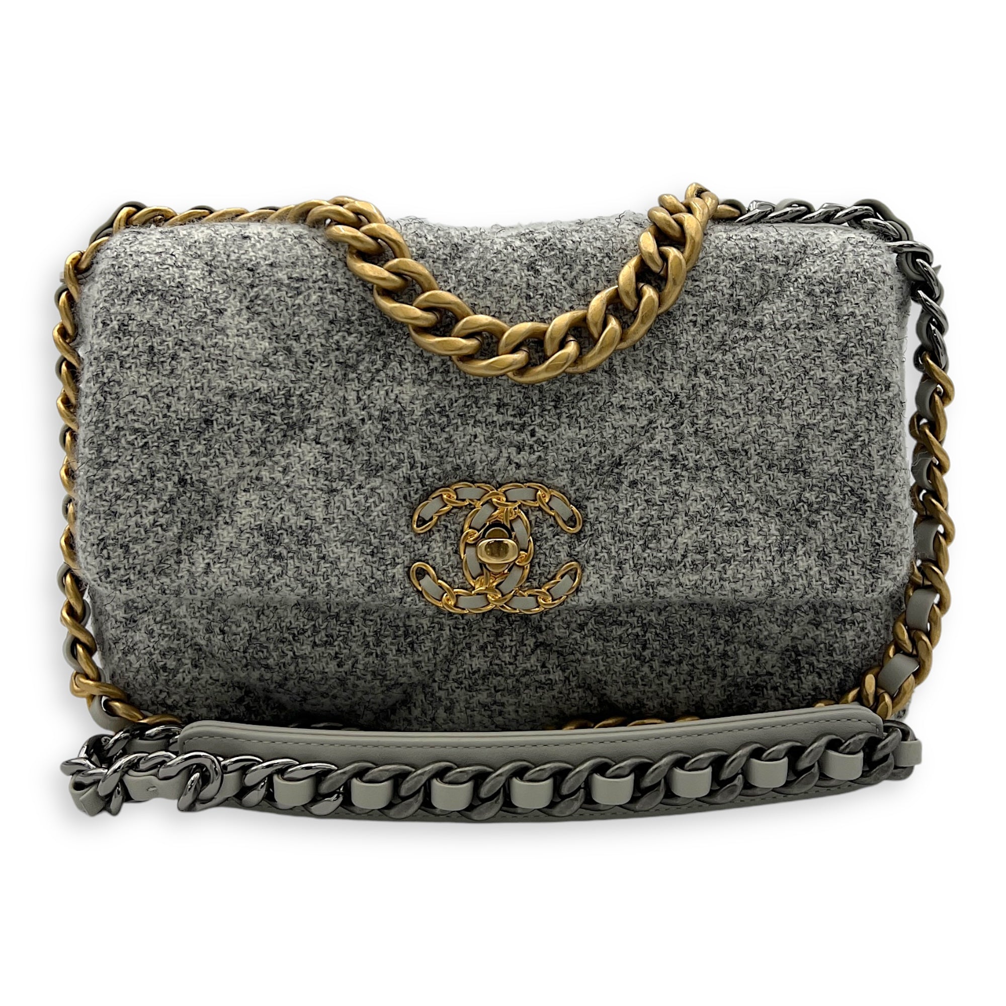 C19 Small Grey Shoulder Bag in Tweed, Gold hardware