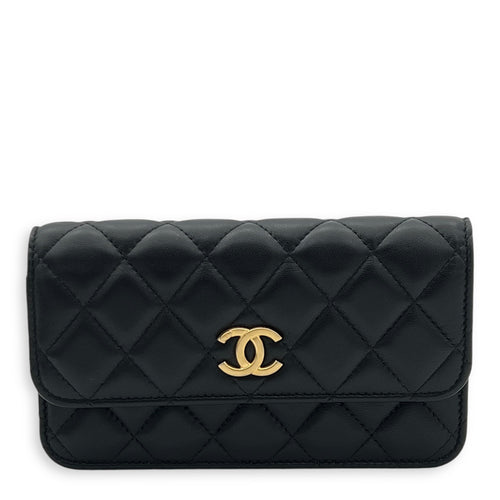 CC Phone Black Wallet On Chain in Lambskin, Gold hardware