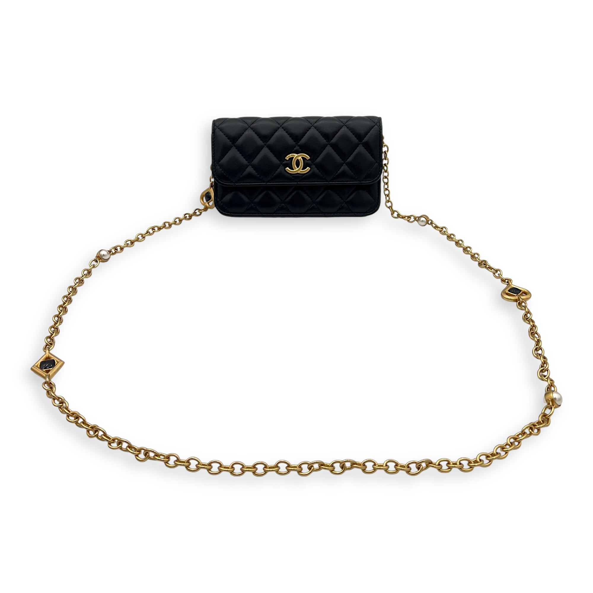 CC Phone Black Wallet On Chain in Lambskin, Gold hardware