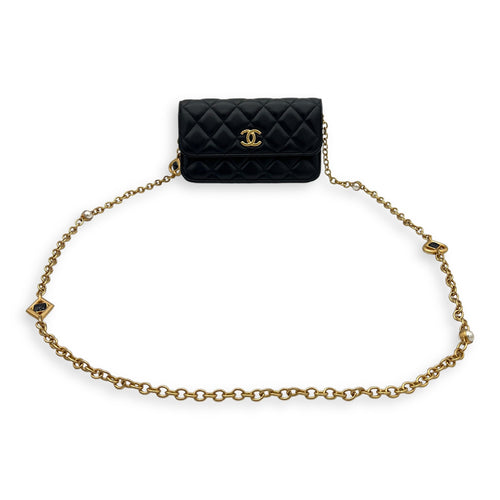 CC Phone Black Wallet On Chain in Lambskin, Gold hardware