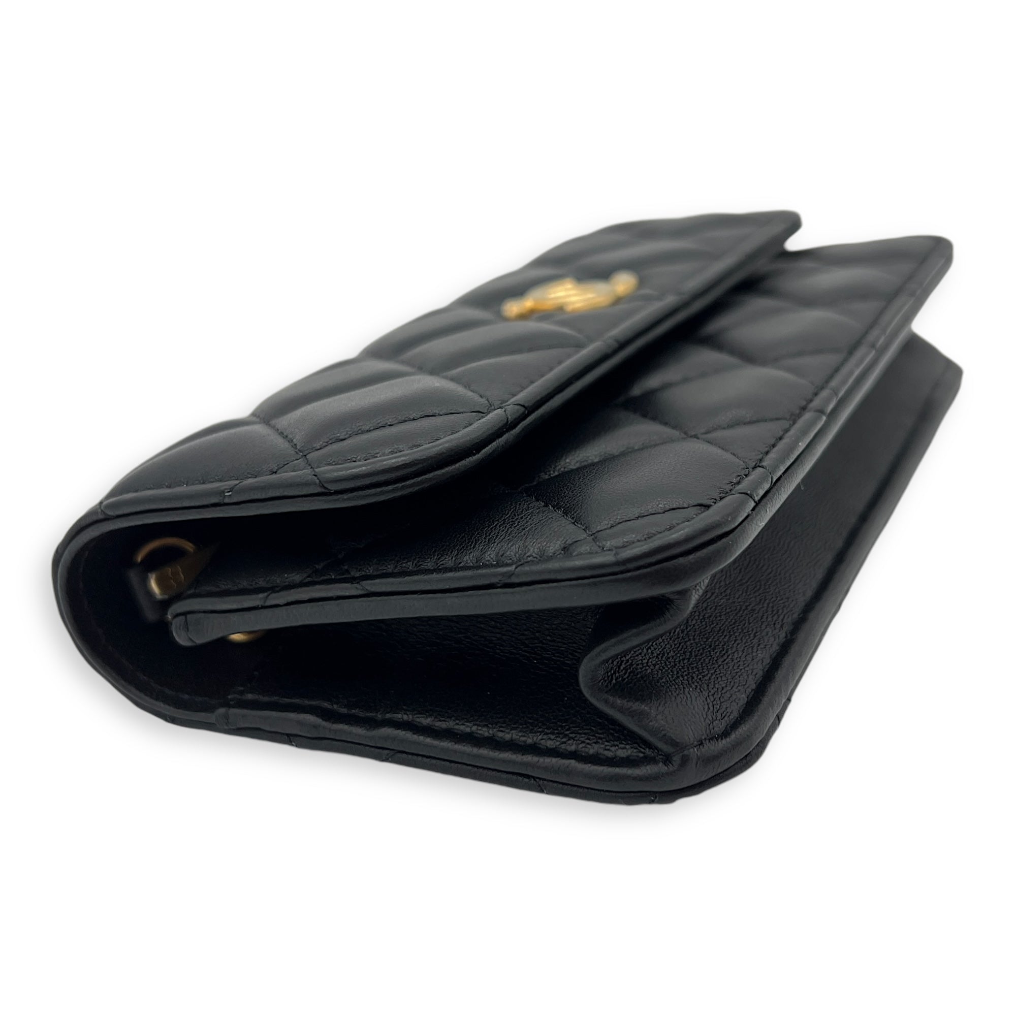 CC Phone Black Wallet On Chain in Lambskin, Gold hardware