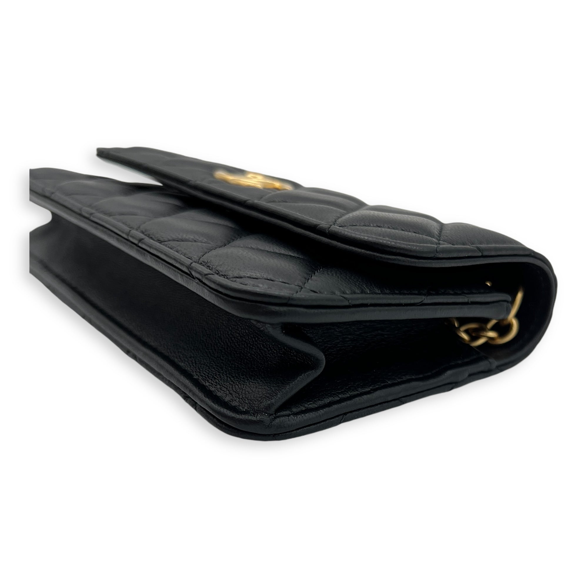 CC Phone Black Wallet On Chain in Lambskin, Gold hardware