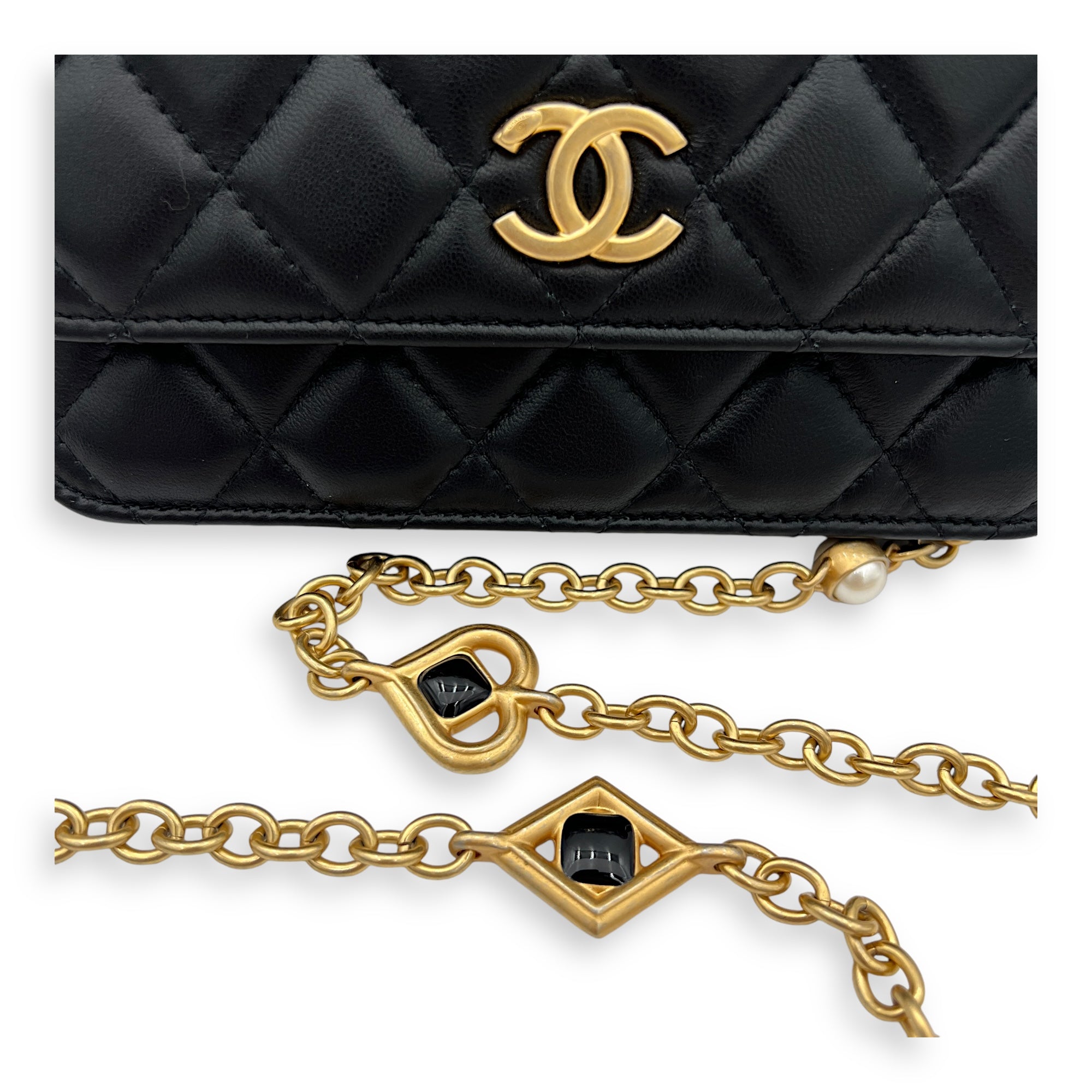 CC Phone Black Wallet On Chain in Lambskin, Gold hardware