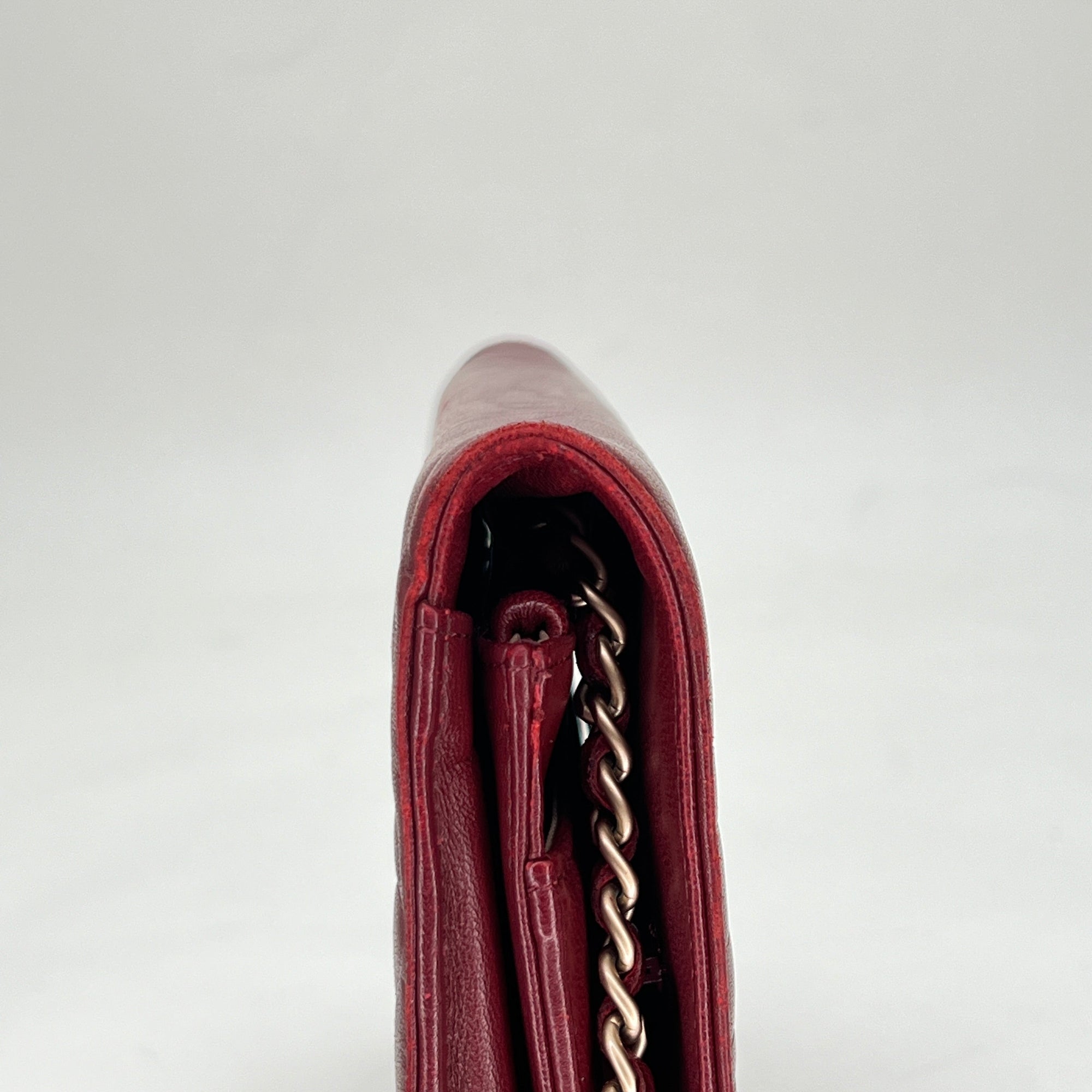 Camellia Red Wallet on Chain in Lambskin, Gold hardware
