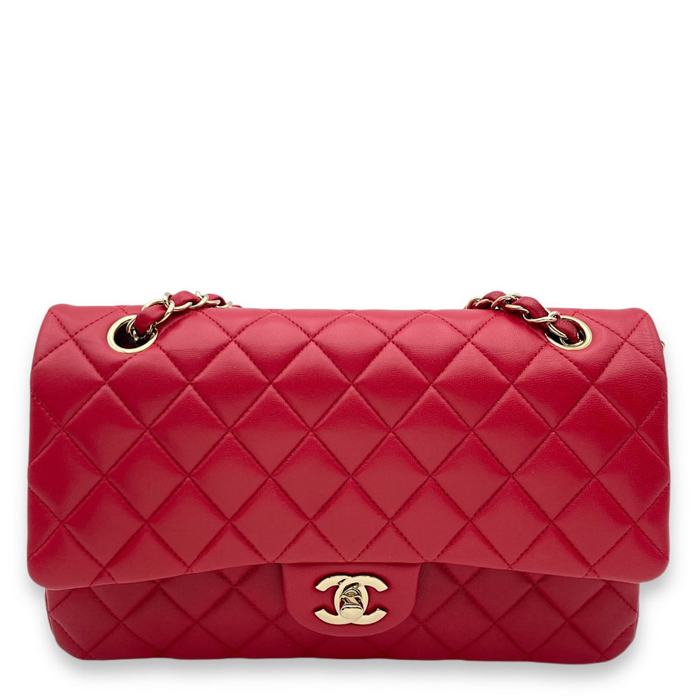 Chanel Classic Double Flap Medium Red Shoulder Bag in Lambskin Light Gold hardware Singapore