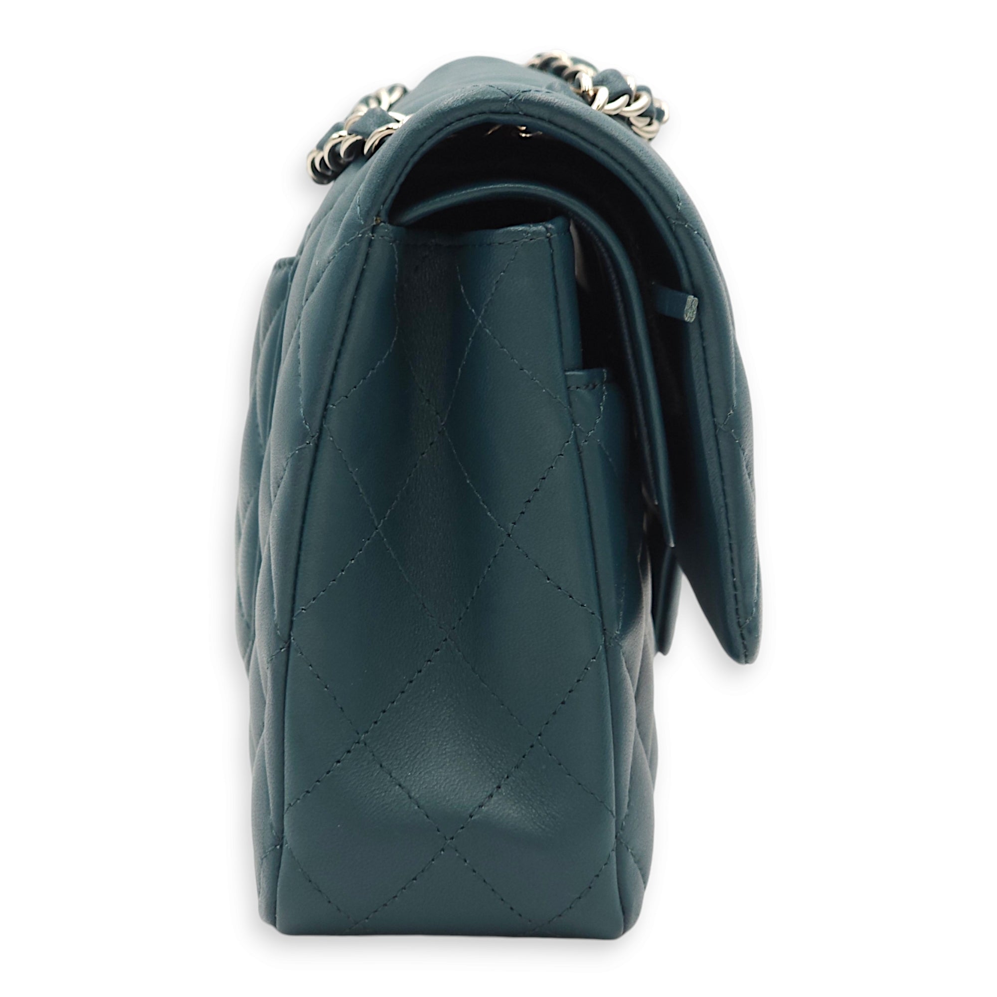 Classic Double Flap Medium Teal Shoulder Bag in Lambskin, Palladium hardware