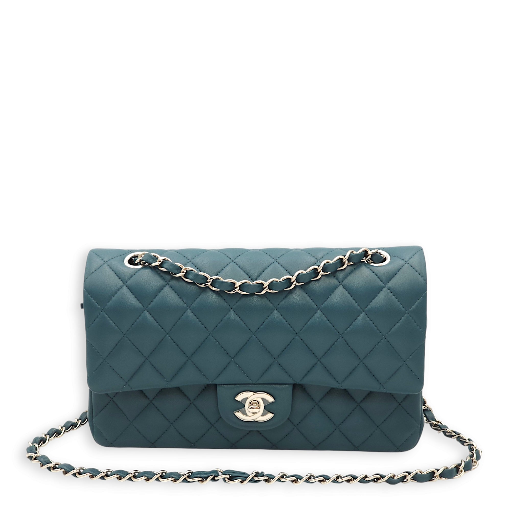 Classic Double Flap Medium Teal Shoulder Bag in Lambskin, Palladium hardware