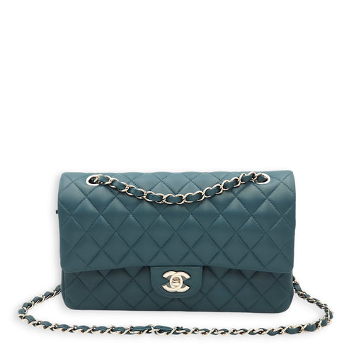 Classic Double Flap Medium Teal Shoulder Bag in Lambskin, Palladium hardware