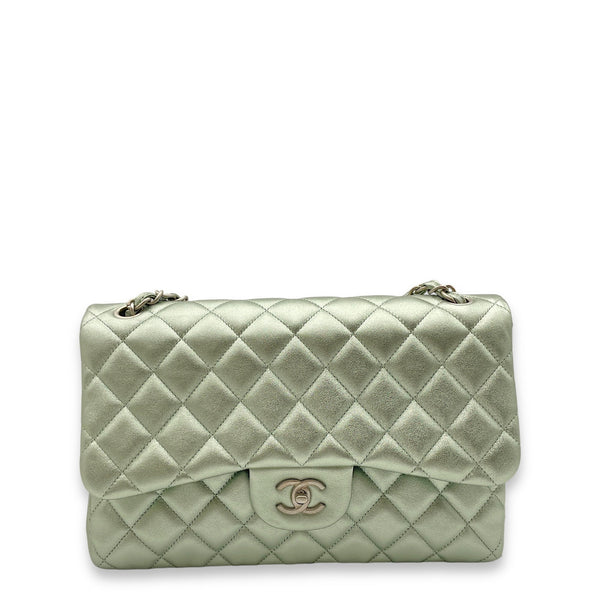 代引き手数料無料 Double Classic Chanel Flap in Bag Shoulder Green Metallic メイク道具・化粧小物