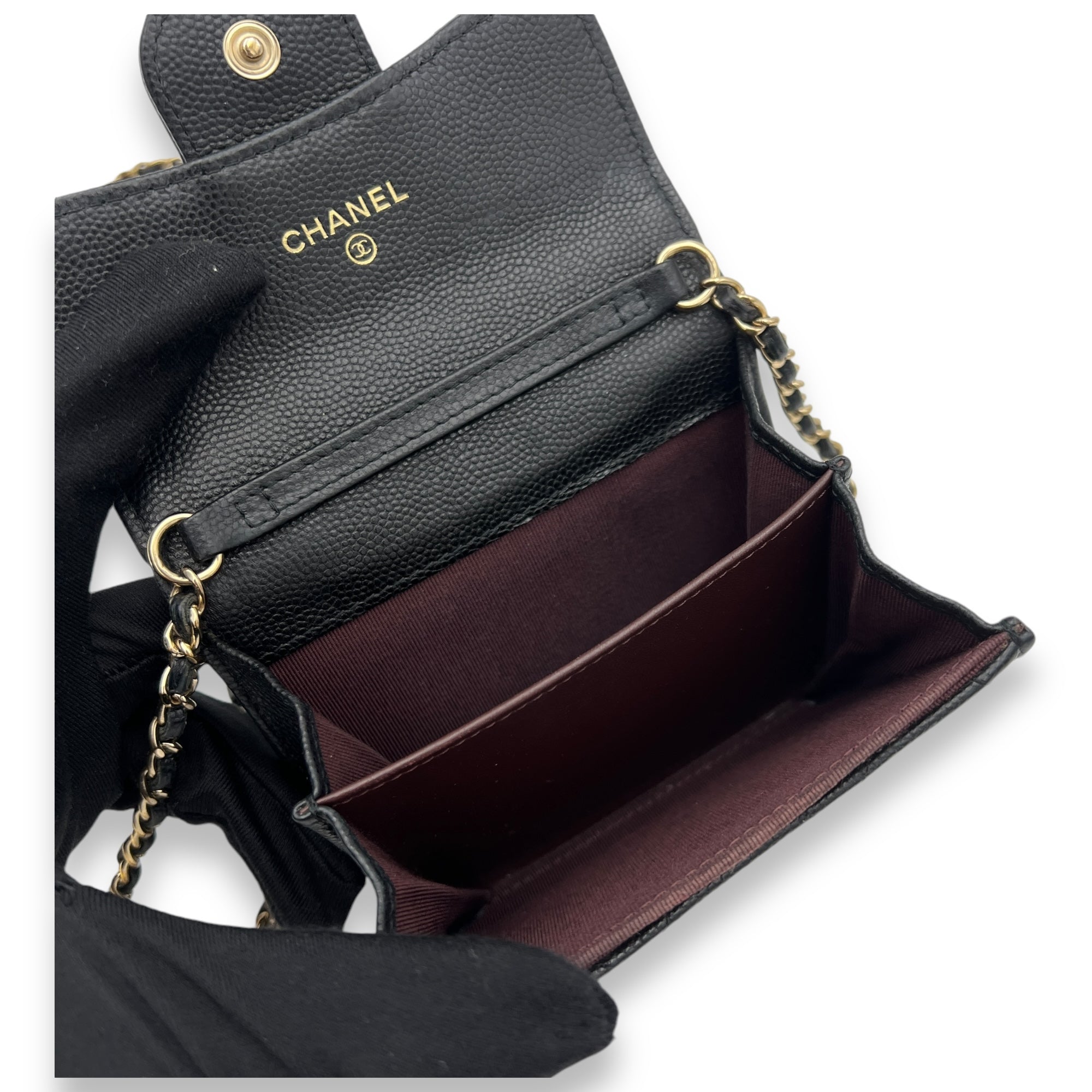 Classic Flap Cardholder Micro Black Wallet On Chain in Caviar Leather, Gold hardware
