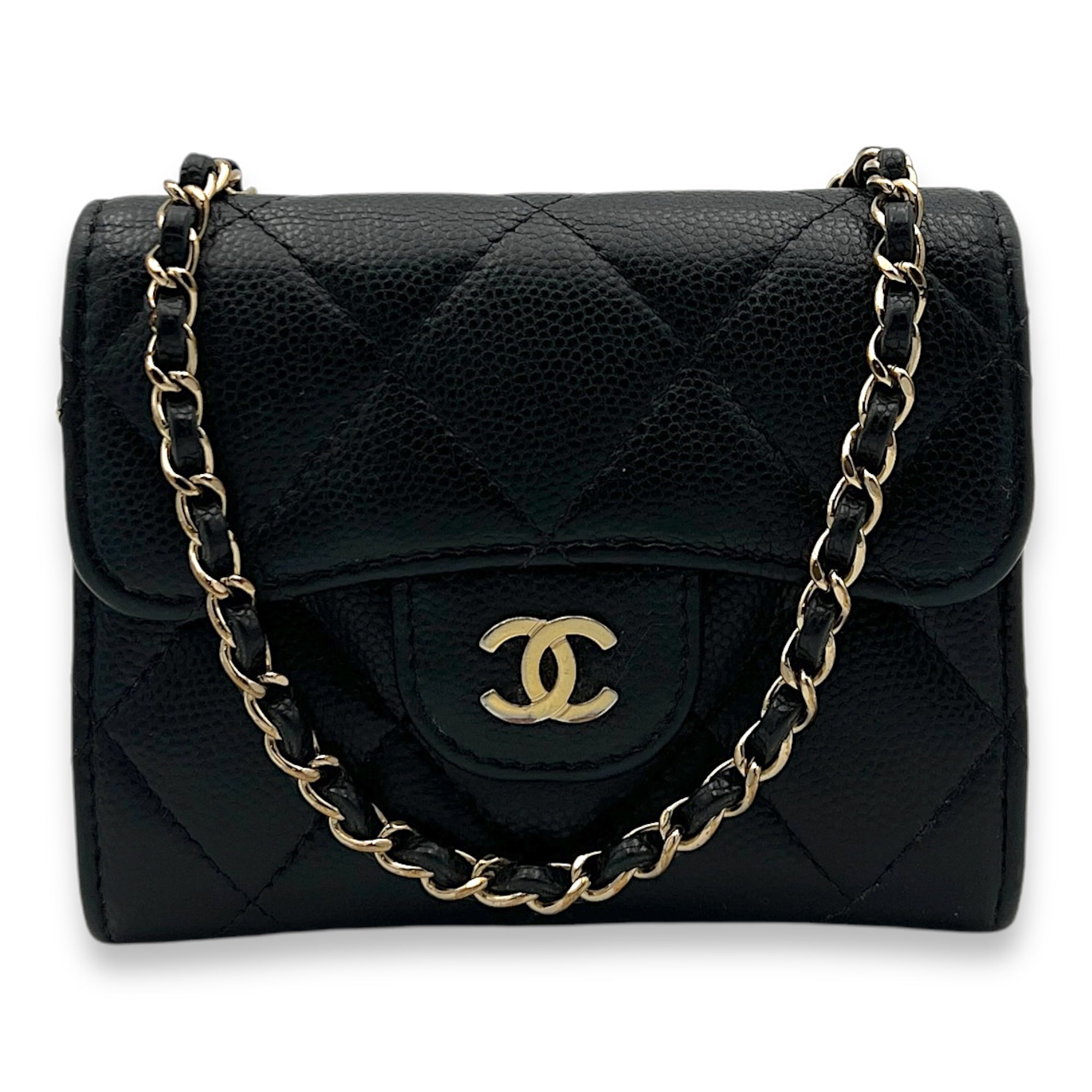 Classic Flap Cardholder Micro Black Wallet On Chain in Caviar Leather, Gold hardware