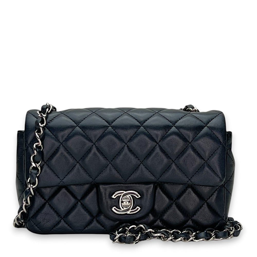 Chanel Classic Flap Mini Rectangle Navy Shoulder Bag in Lambskin Silver hardware Singapore