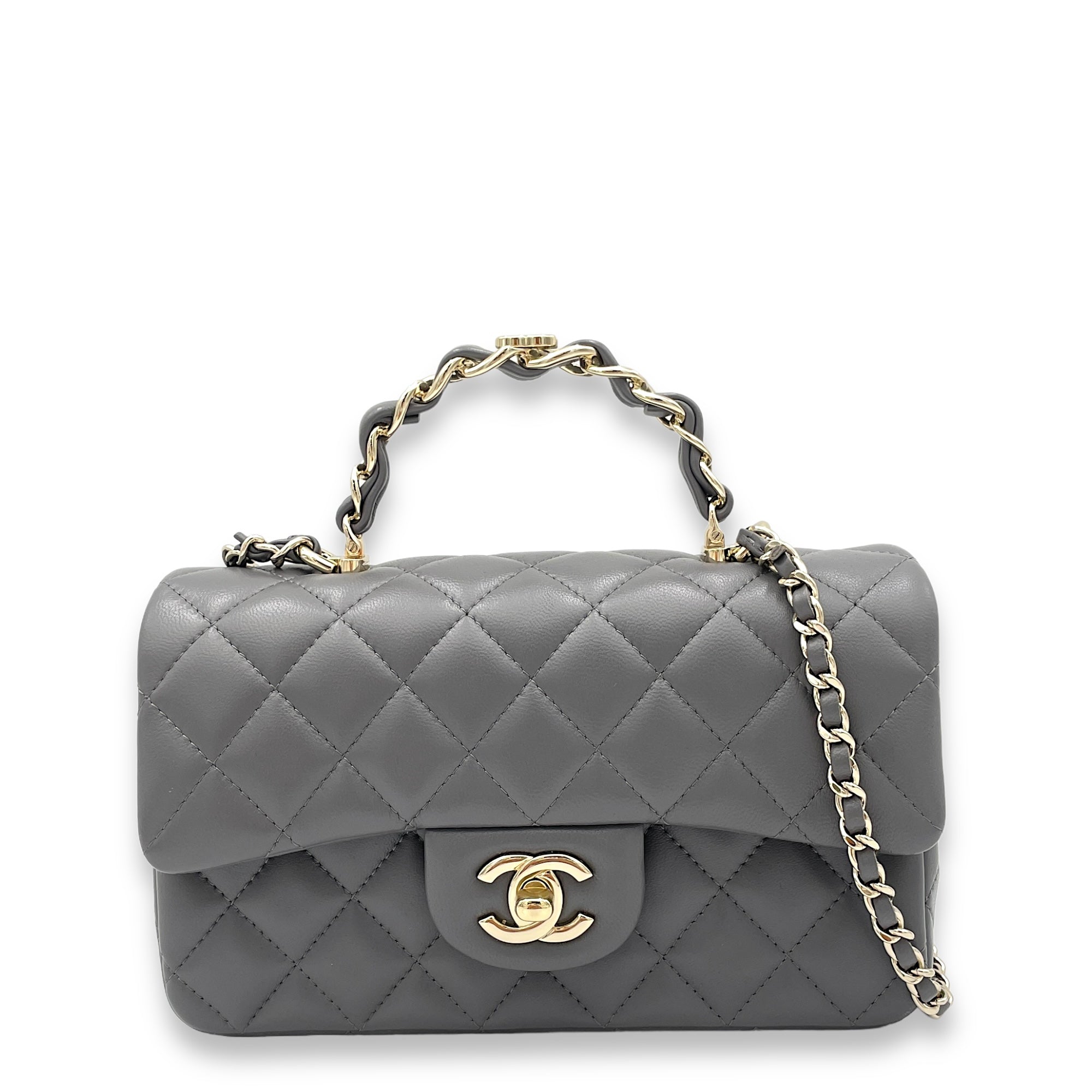 Classic Flap Rectangle Grey Top Handle Bag in Lambskin Light Gold har
