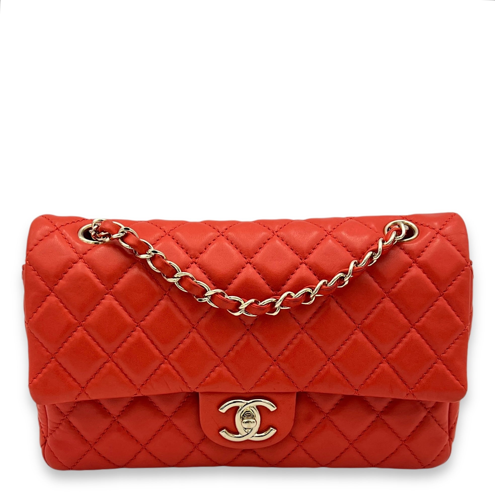 Classic Medium Orange Shoulder Bag in Lambskin, Gold hardware