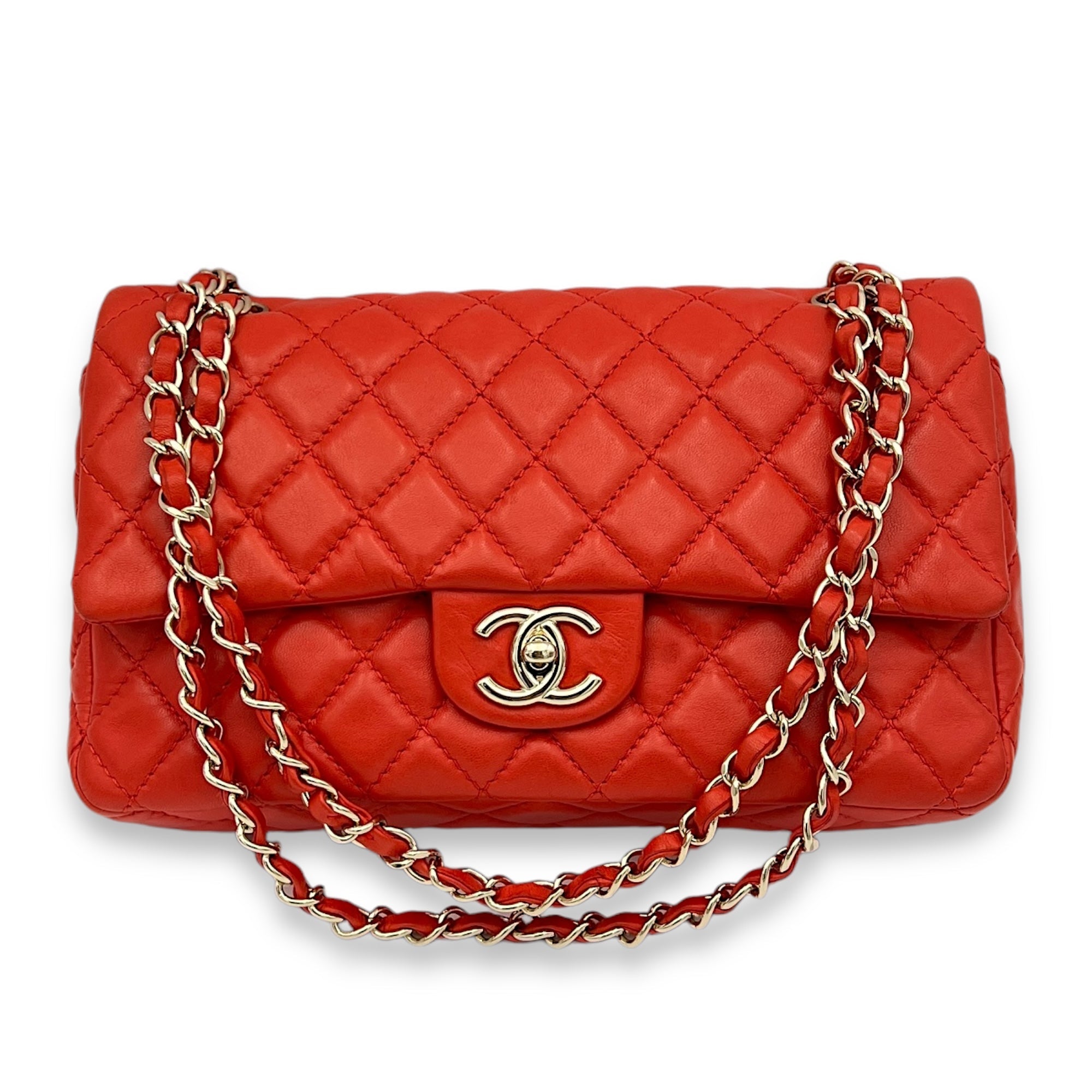 Classic Medium Orange Shoulder Bag in Lambskin, Gold hardware