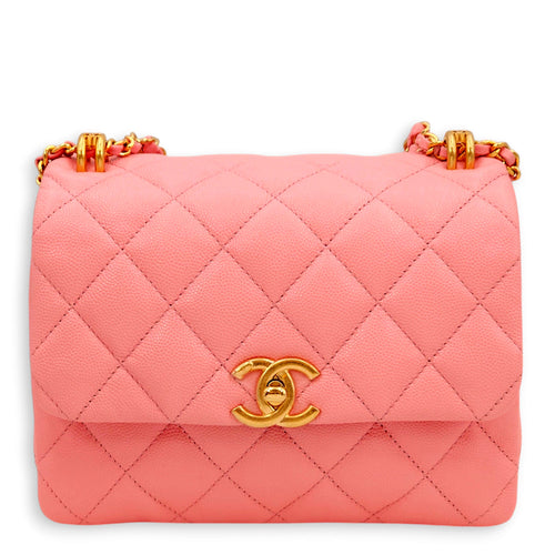 Coco First Flap Pink Shoulder Bag in Caviar Leather, Gold hardware