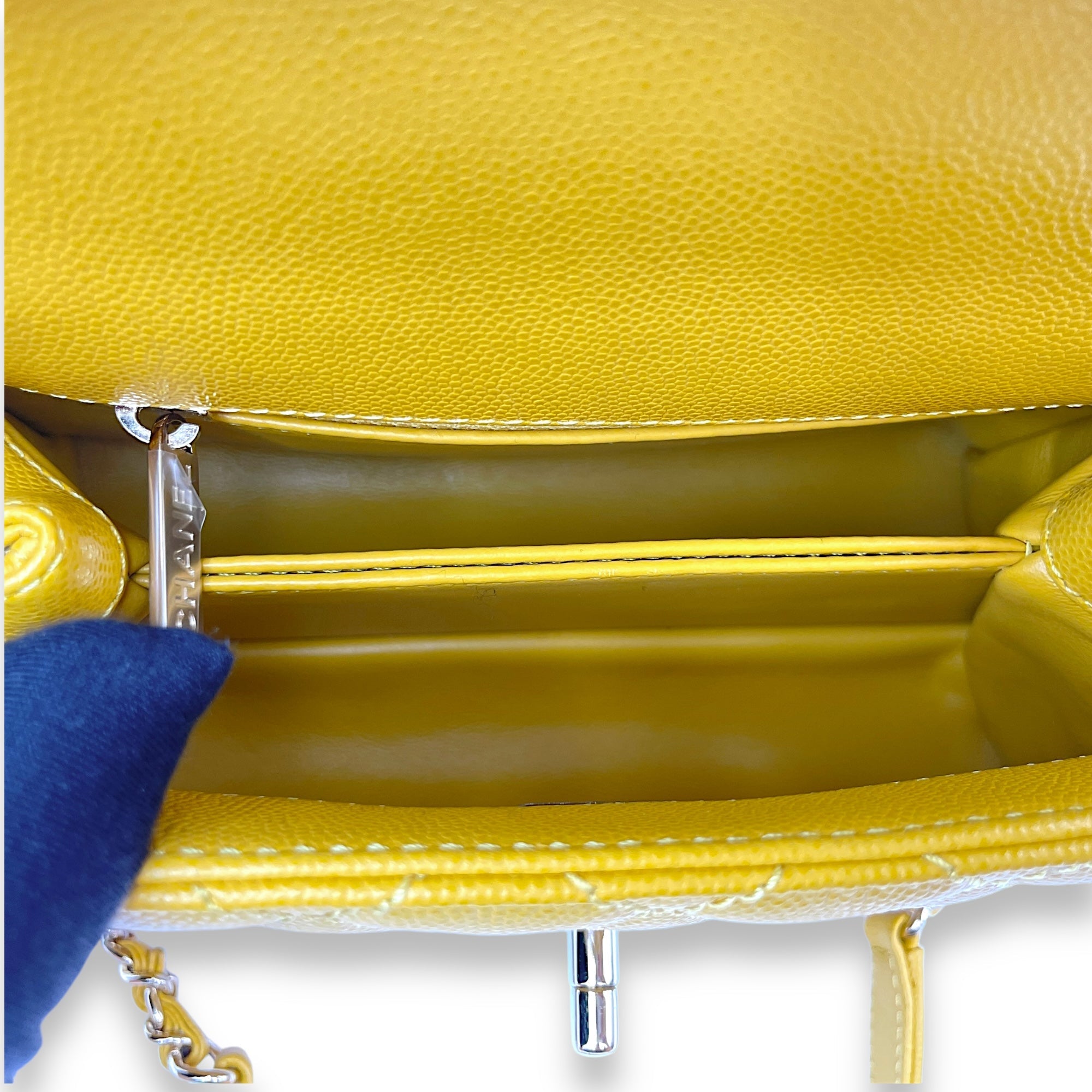 Coco Mini Mustard Yellow Top Handle Bag in Caviar Leather, Gold hardware
