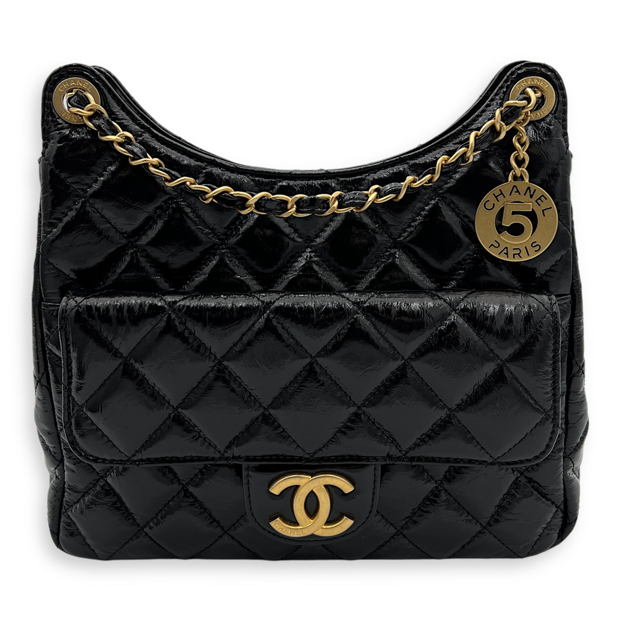 Hobo Black Shoulder Bag in Crinkled Calfskin, Gold hardware