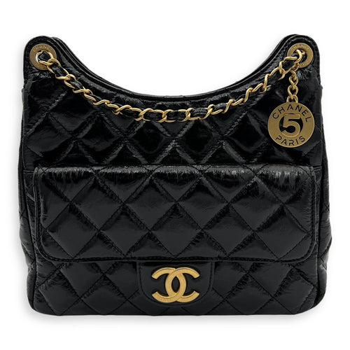 Hobo Black Shoulder Bag in Crinkled Calfskin, Gold hardware