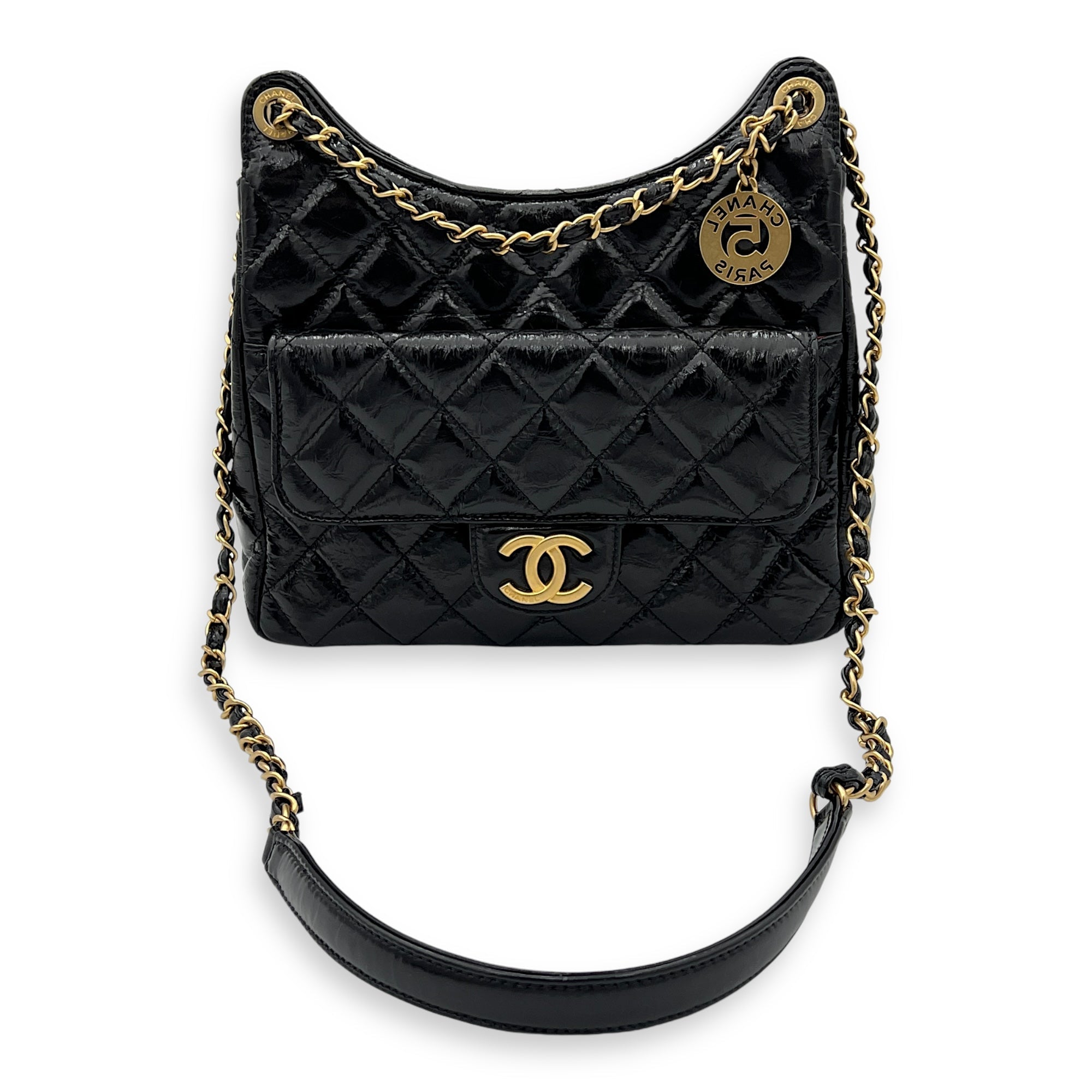 Hobo Black Shoulder Bag in Crinkled Calfskin, Gold hardware