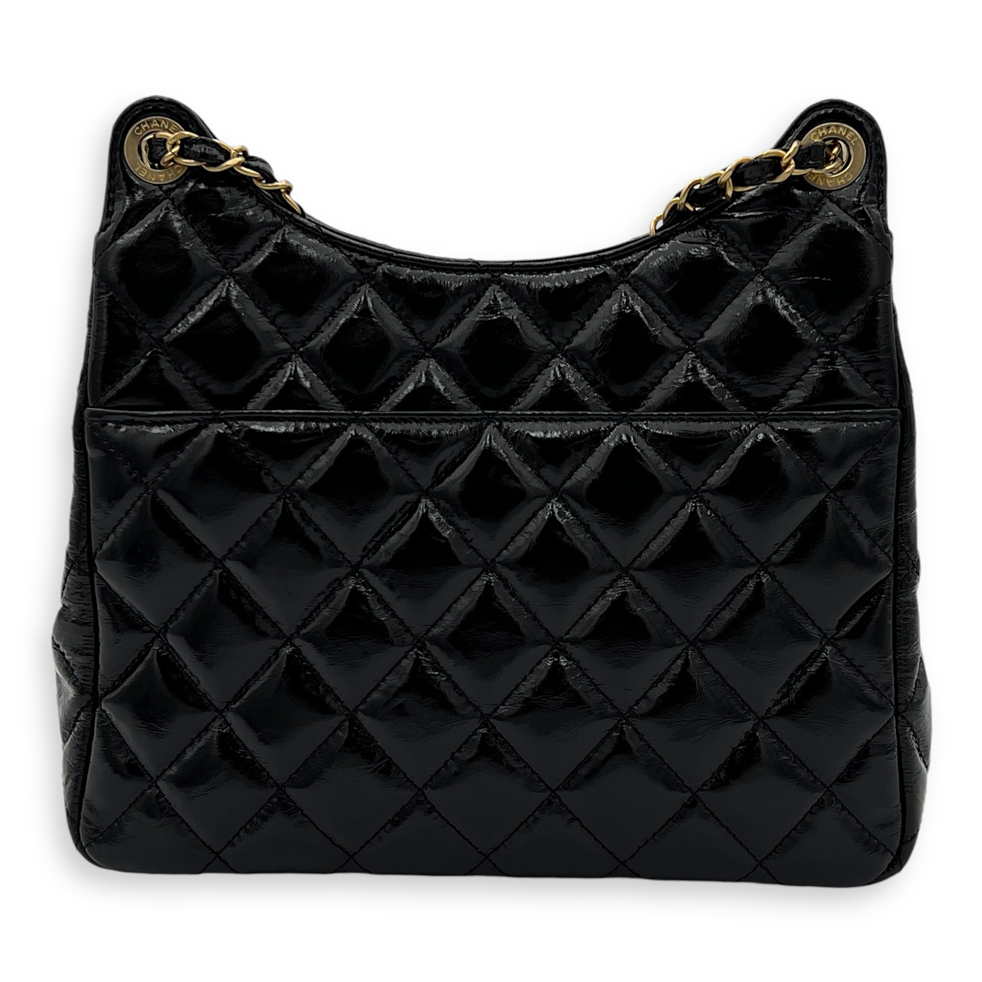 Hobo Black Shoulder Bag in Crinkled Calfskin, Gold hardware