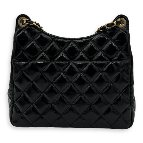 Hobo Black Shoulder Bag in Crinkled Calfskin, Gold hardware