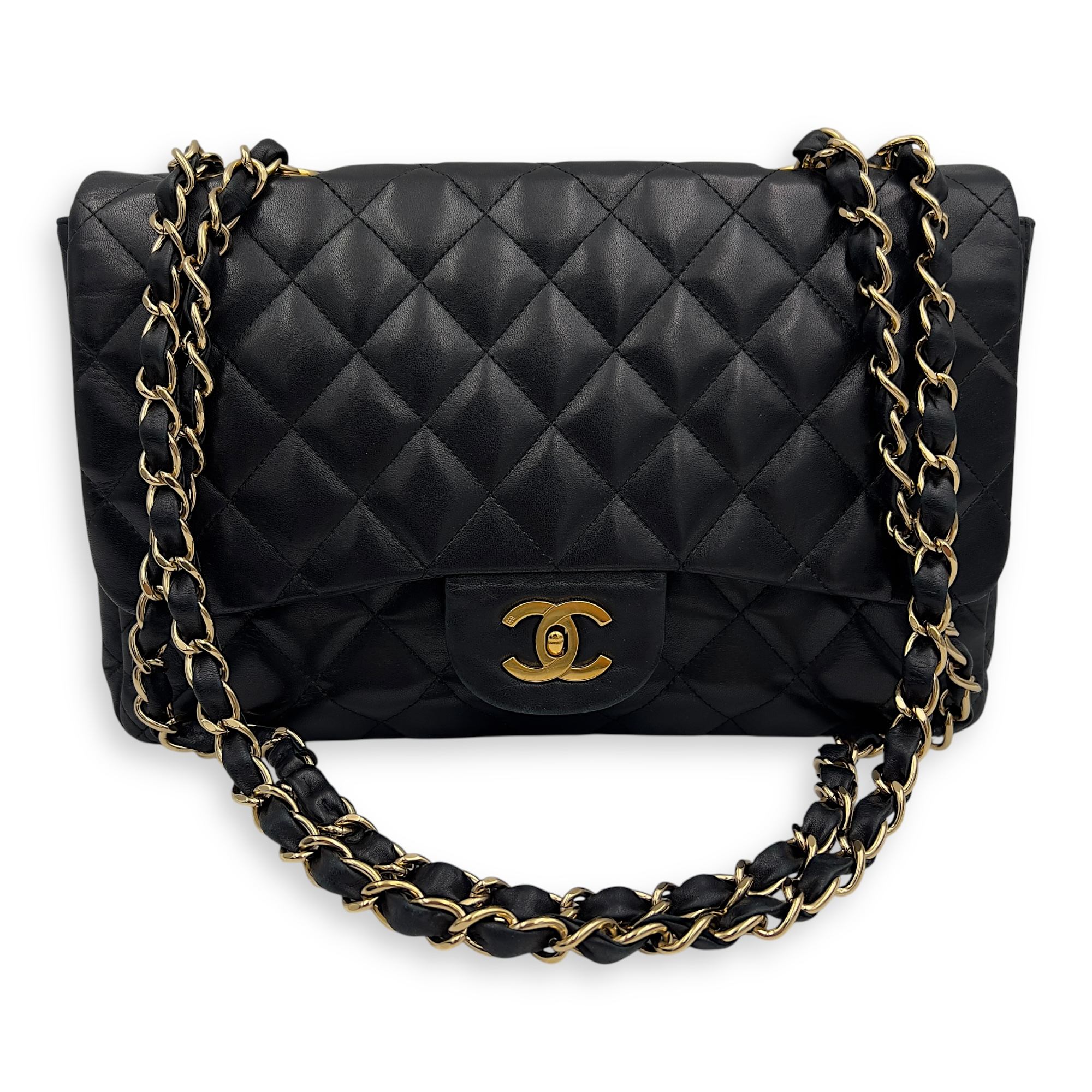 Chanel Classic Shoulder Bag Jumbo Black in Lambskin, Gold hardware_12