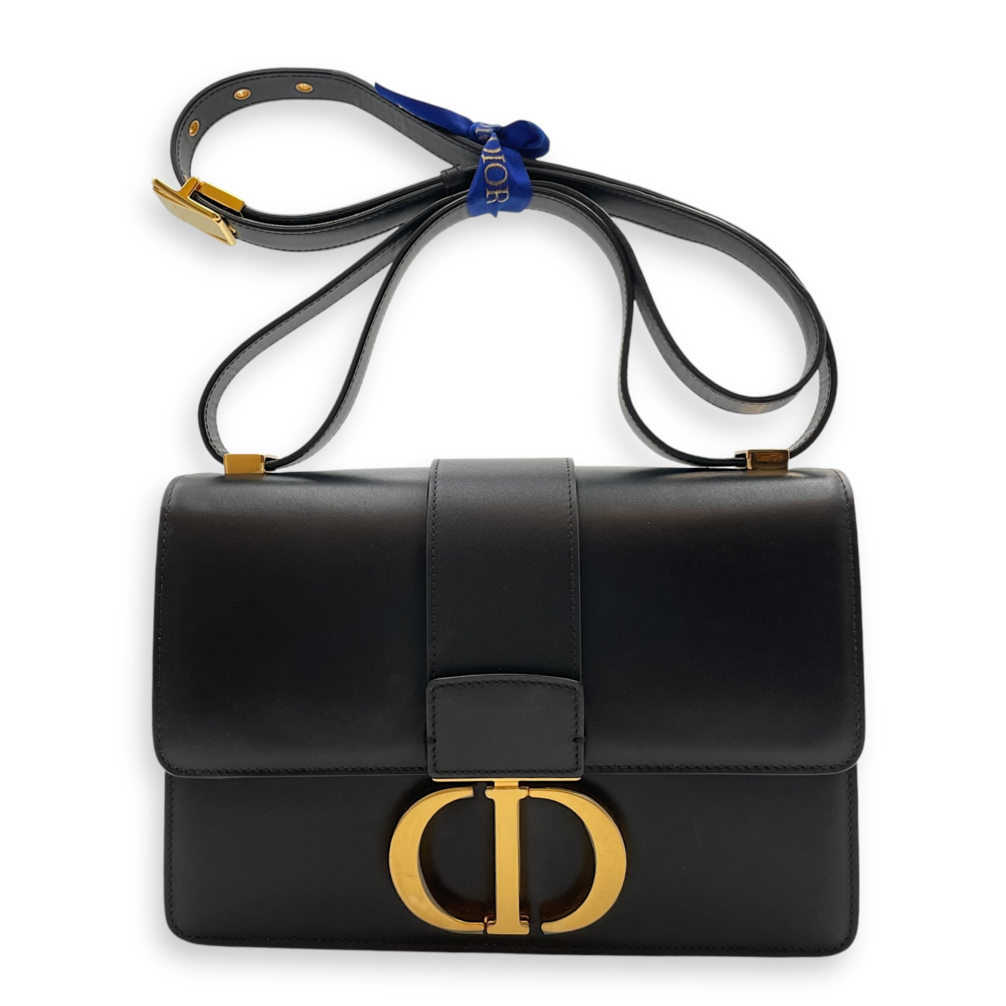 30 Montaigne Medium Black Shoulder Bag in Box Calfskin, Gold hardware