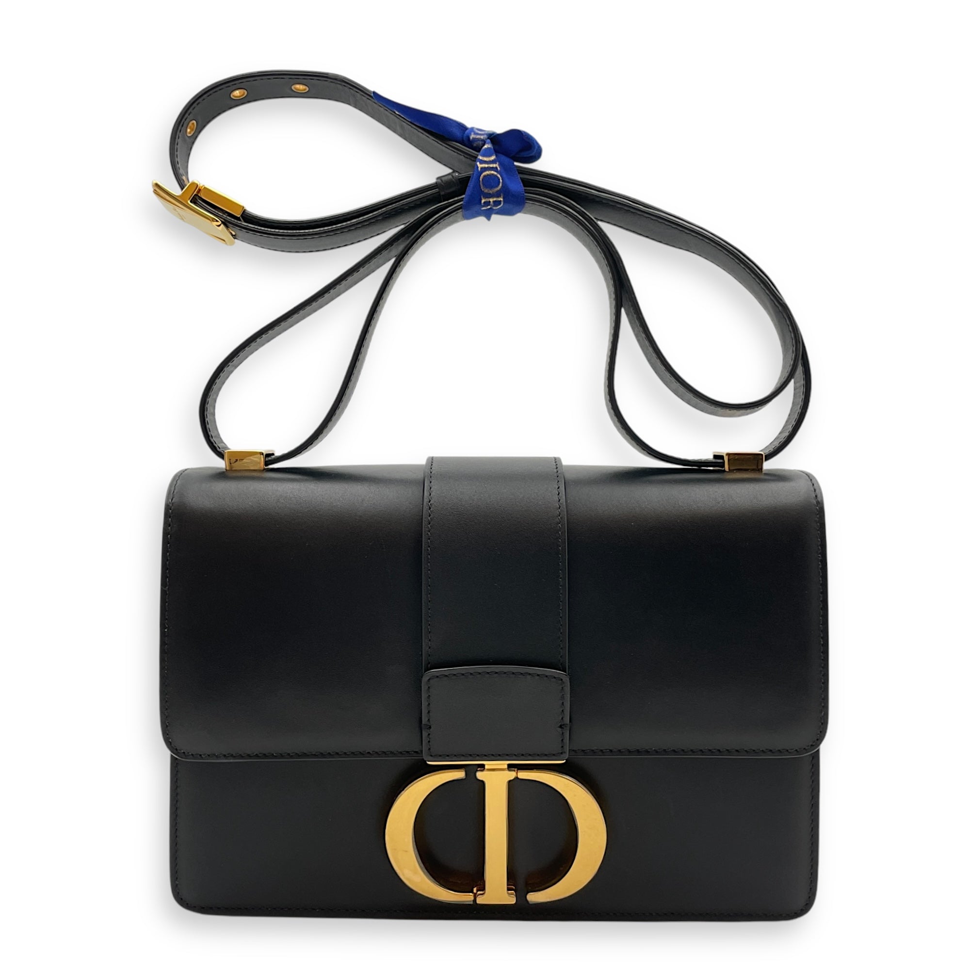 30 Montaigne Medium Black Shoulder Bag in Box Calfskin, Gold hardware