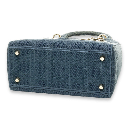 Embroidered Cannage Lady D-Lite Medium Top handle bag in Canvas, Silver Hardware