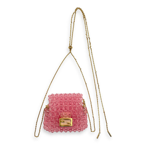 Beaded Baguette Charm/Crossbody Pico Pink Bag Accessory in Beads/Calfskin/Steel, Gold hardware