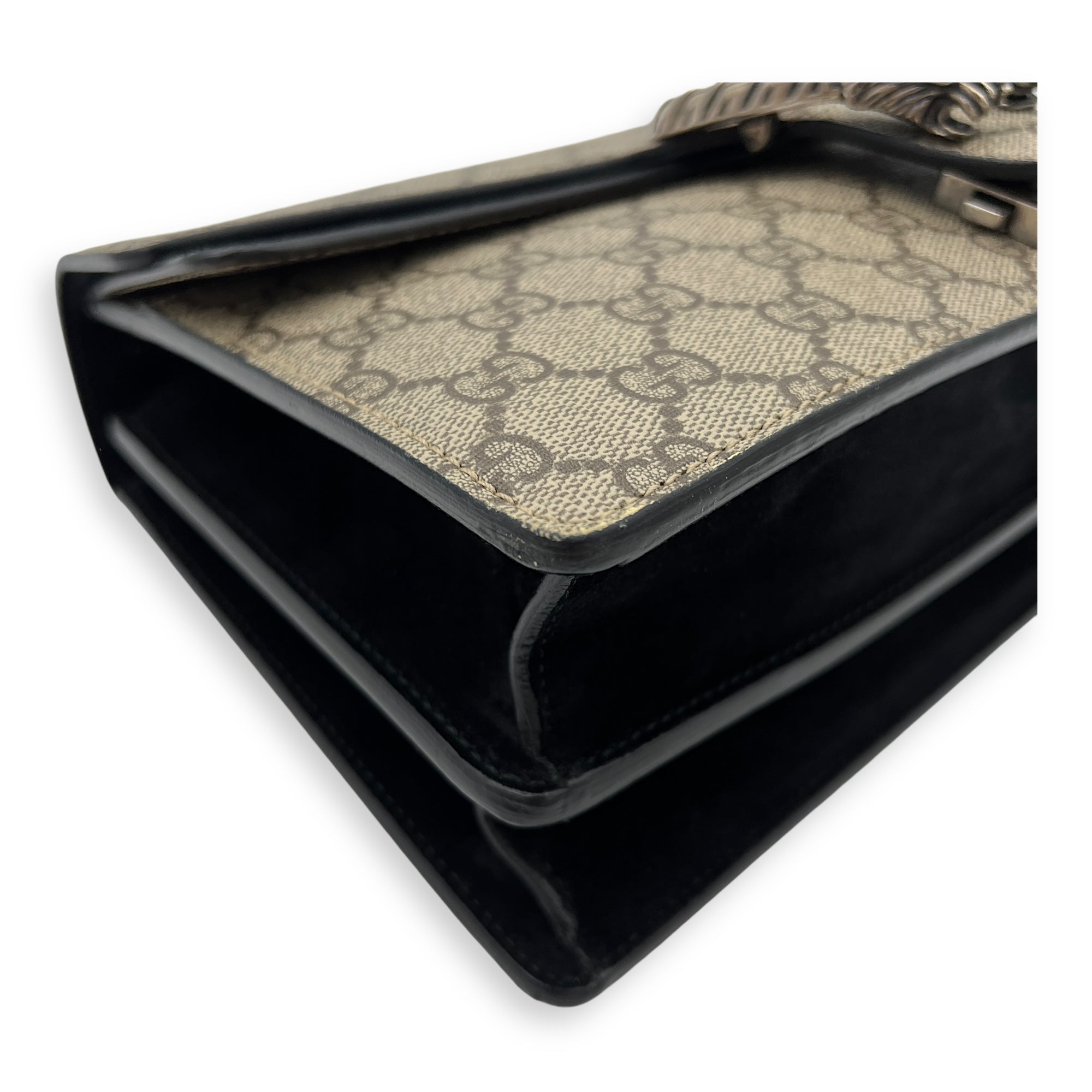 Dionysus Small Black Shoulder Bag in Coated Canvas, Silver hardware