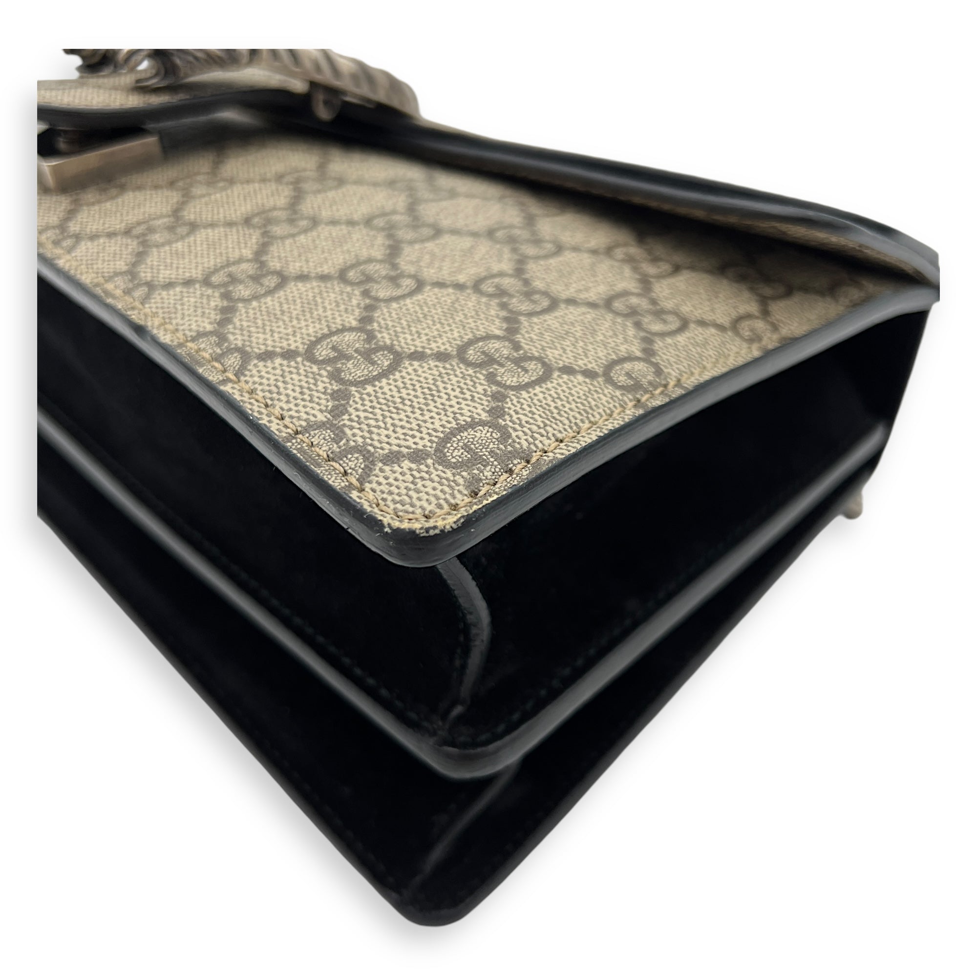 Dionysus Small Black Shoulder Bag in Coated Canvas, Silver hardware
