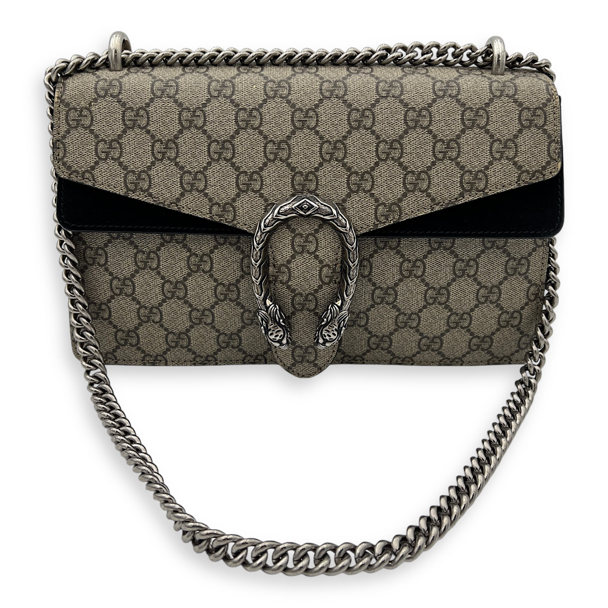 Dionysus Small Black Shoulder Bag in Coated Canvas, Silver hardware