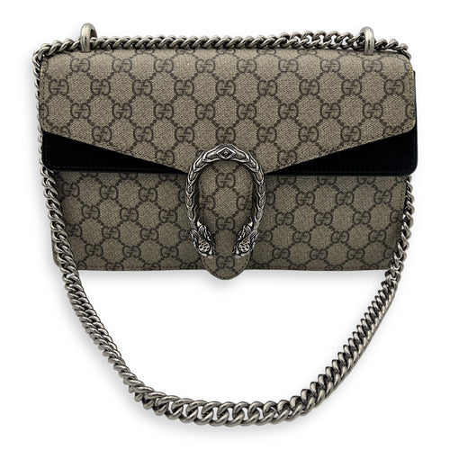 Dionysus Small Black Shoulder Bag in Coated Canvas, Silver hardware