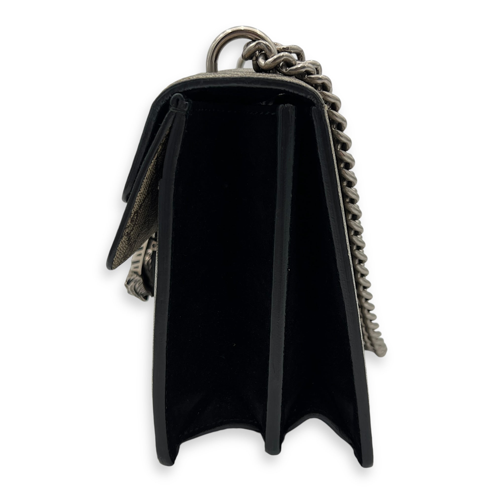 Dionysus Small Black Shoulder Bag in Coated Canvas, Silver hardware