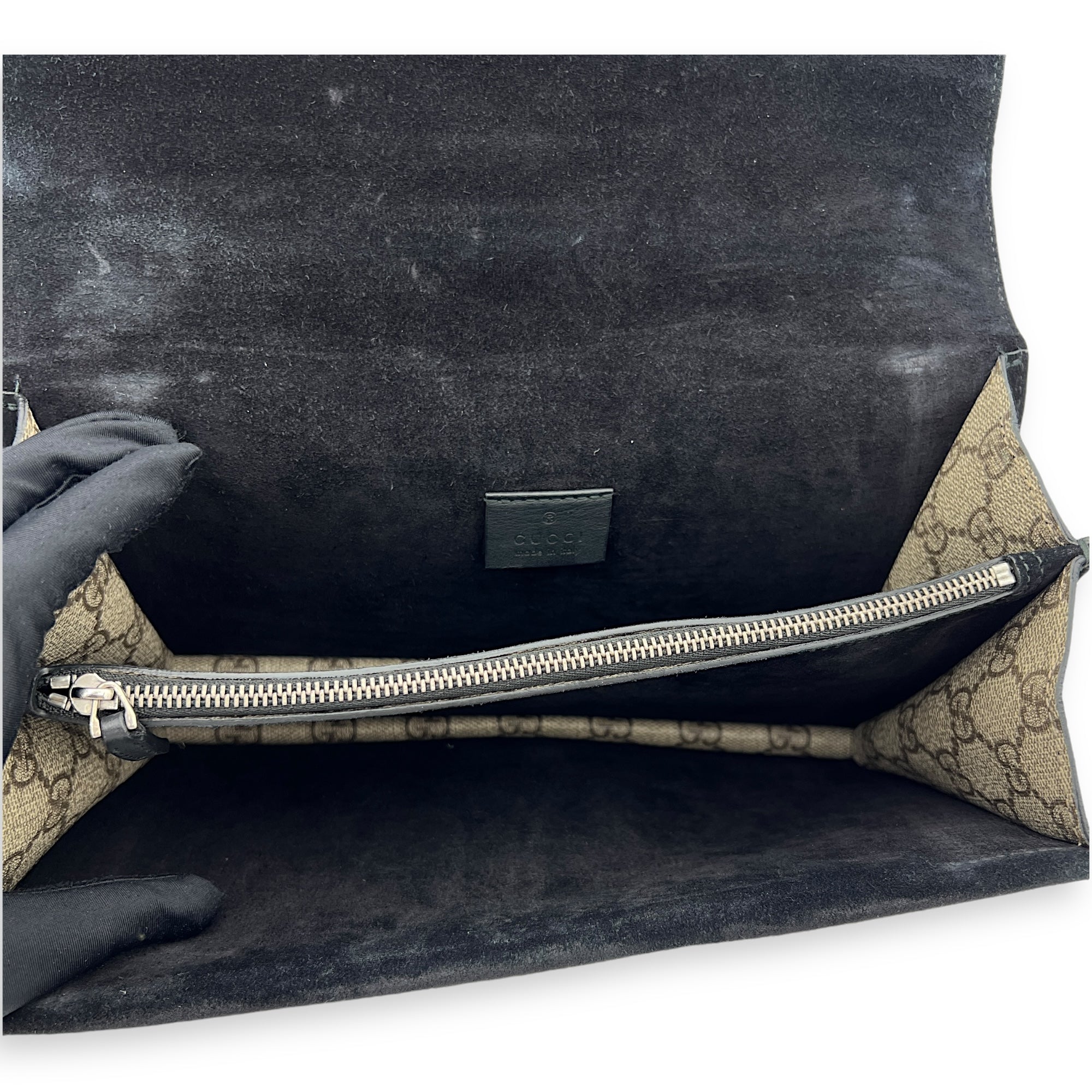 Dionysus Small Black Shoulder Bag in Coated Canvas, Silver hardware