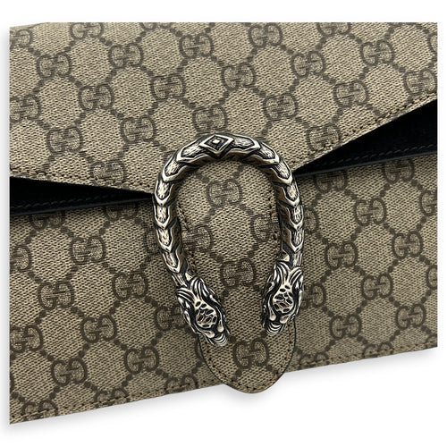 Dionysus Small Black Shoulder Bag in Coated Canvas, Silver hardware