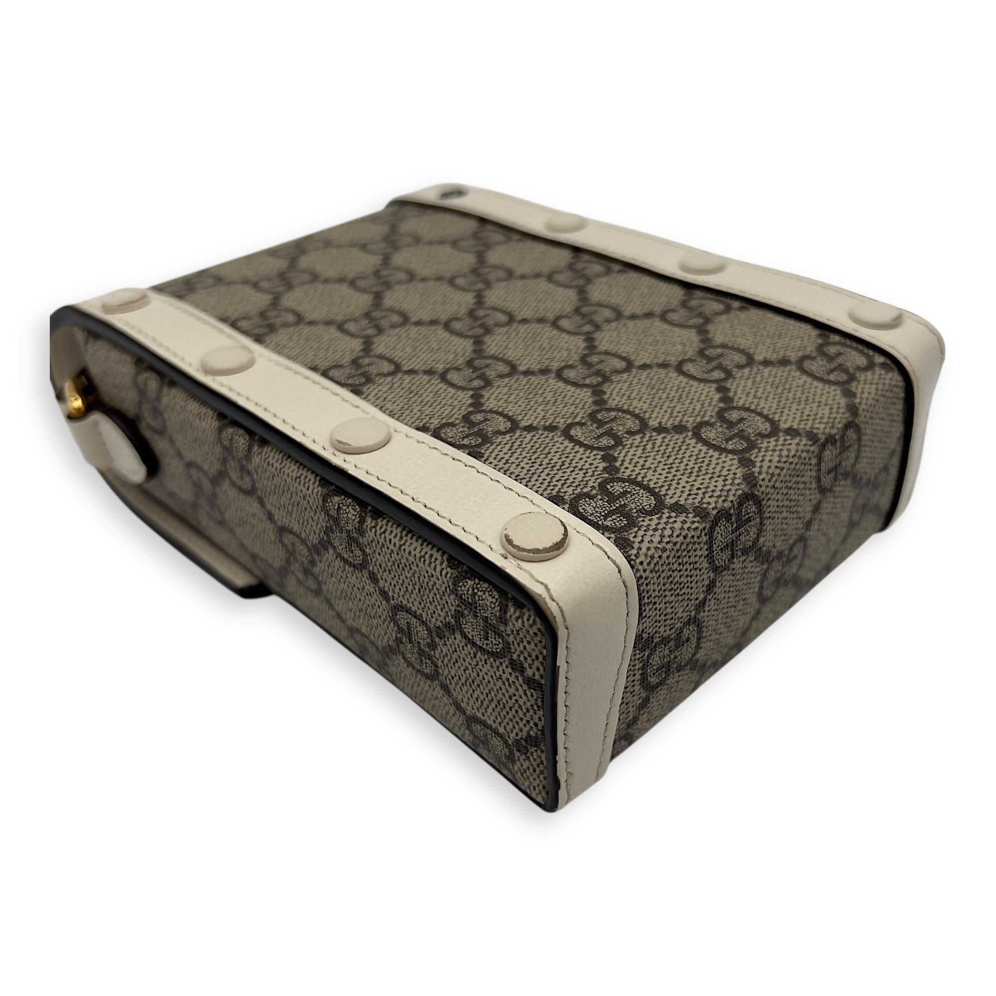 Gucci Horsebit 1955 Brown Crossbody Bag in Monogram Coated Canvas, Gold hardware_11