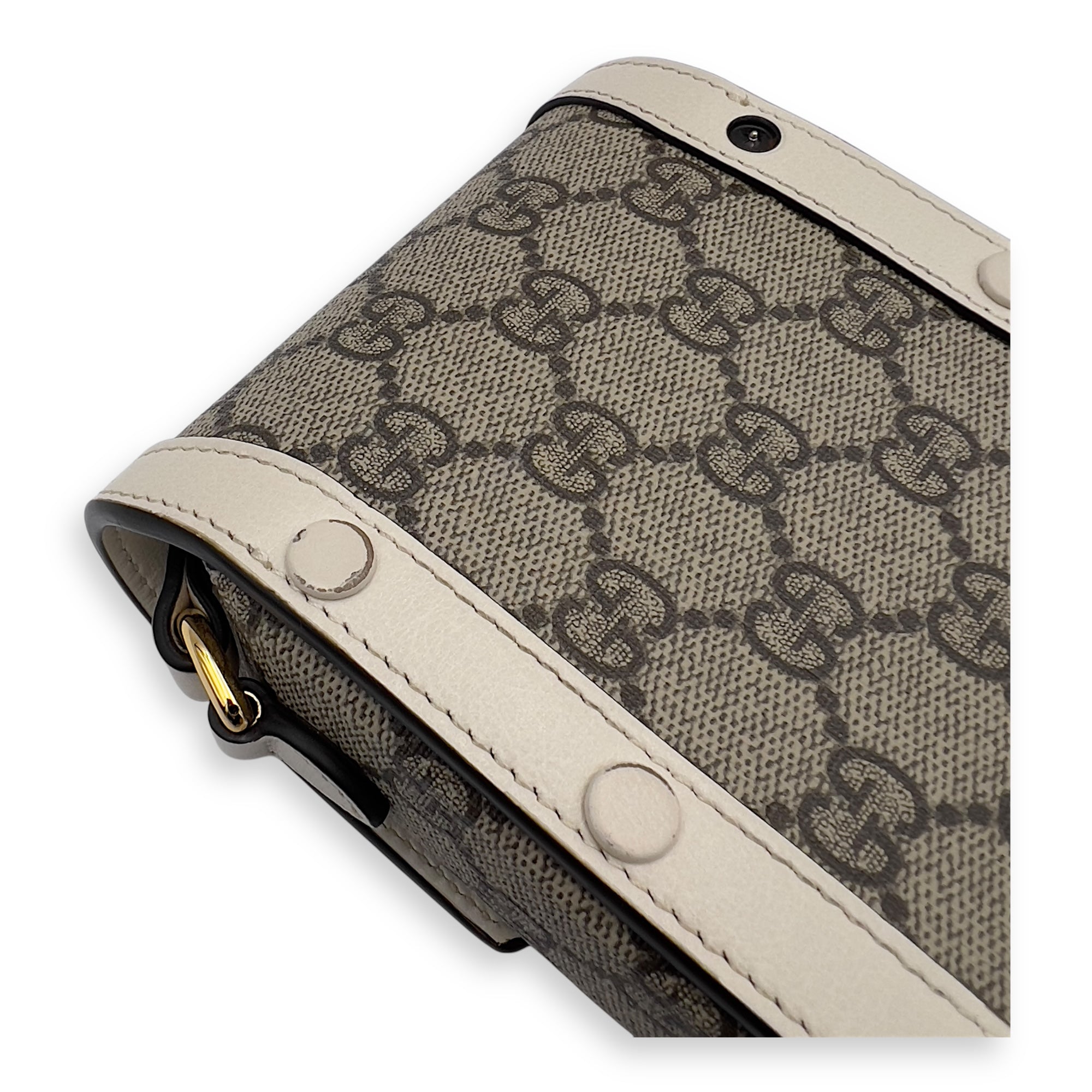 Gucci Horsebit 1955 Brown Crossbody Bag in Monogram Coated Canvas, Gold hardware_12