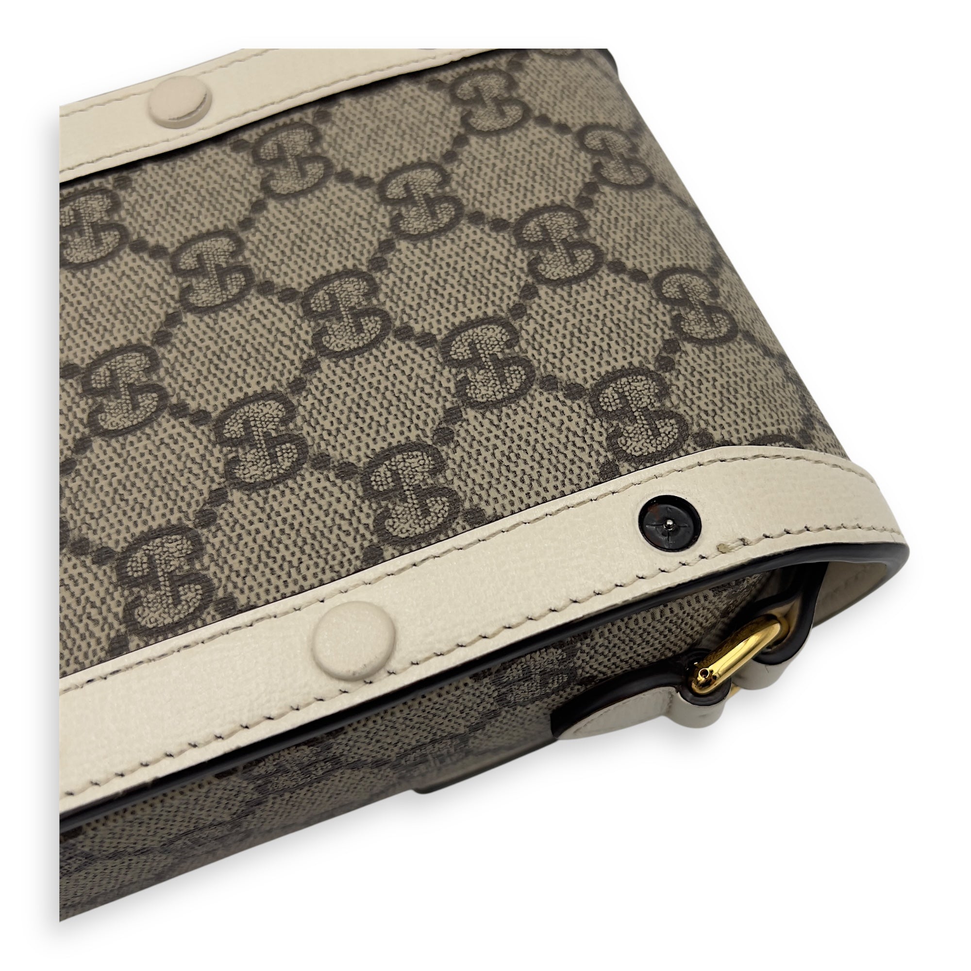 Gucci Horsebit 1955 Brown Crossbody Bag in Monogram Coated Canvas, Gold hardware_13