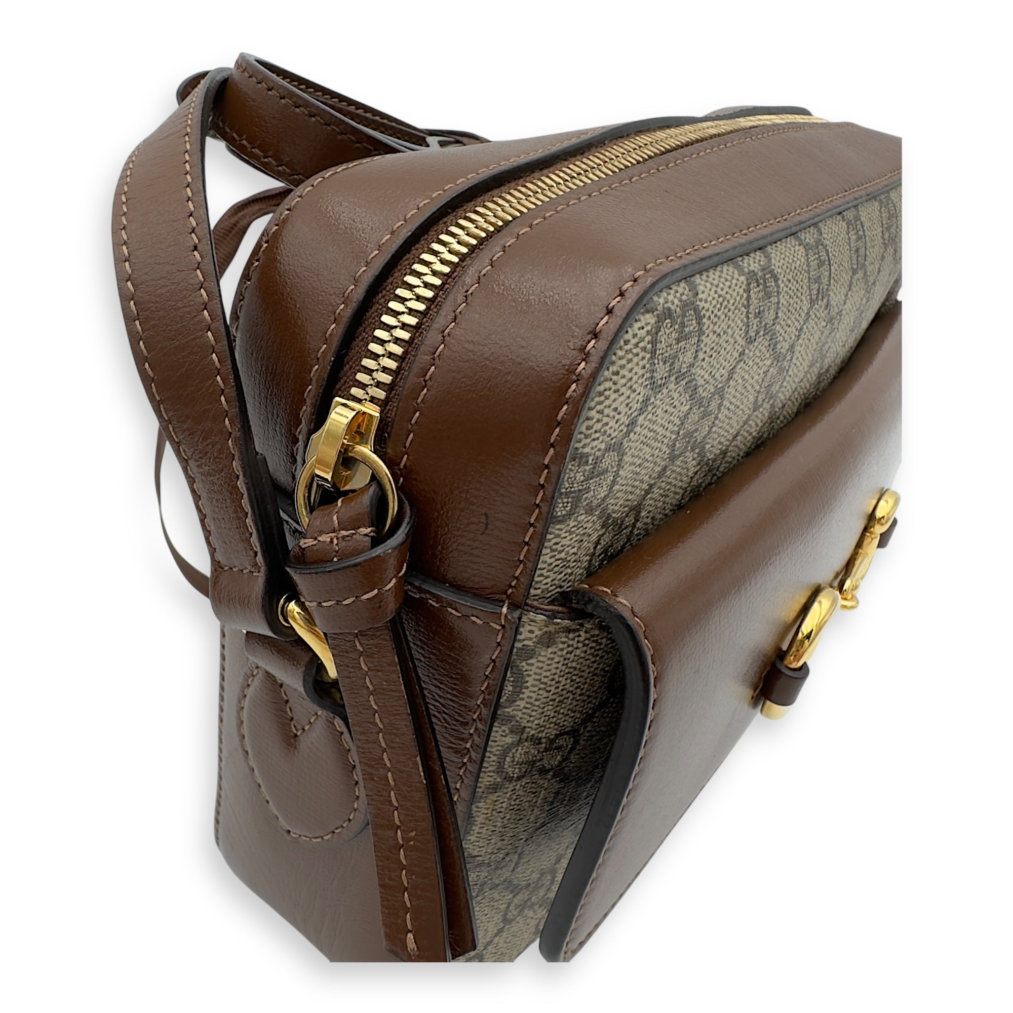 Gucci Horsebit 1955 Crossbody Bag Grey in Coated Canvas, Gold hardware_12