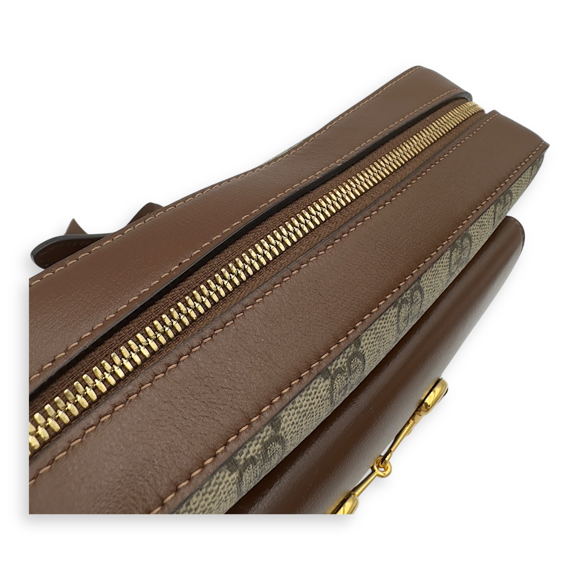 Gucci Horsebit 1955 Crossbody Bag Grey in Coated Canvas, Gold hardware_14