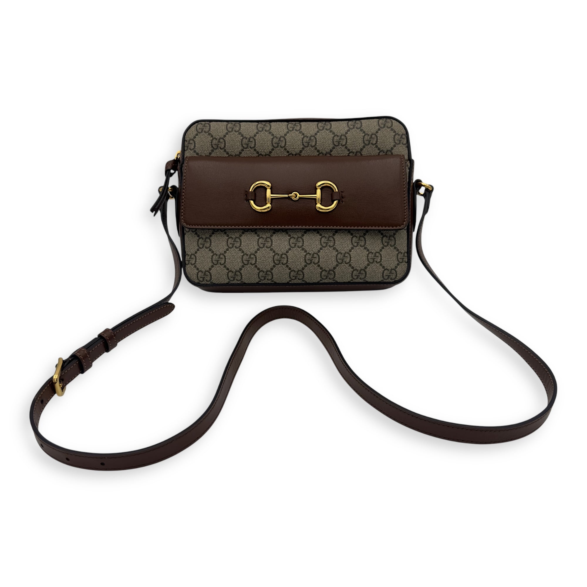 Gucci Horsebit 1955 Crossbody Bag Grey in Coated Canvas, Gold hardware_20