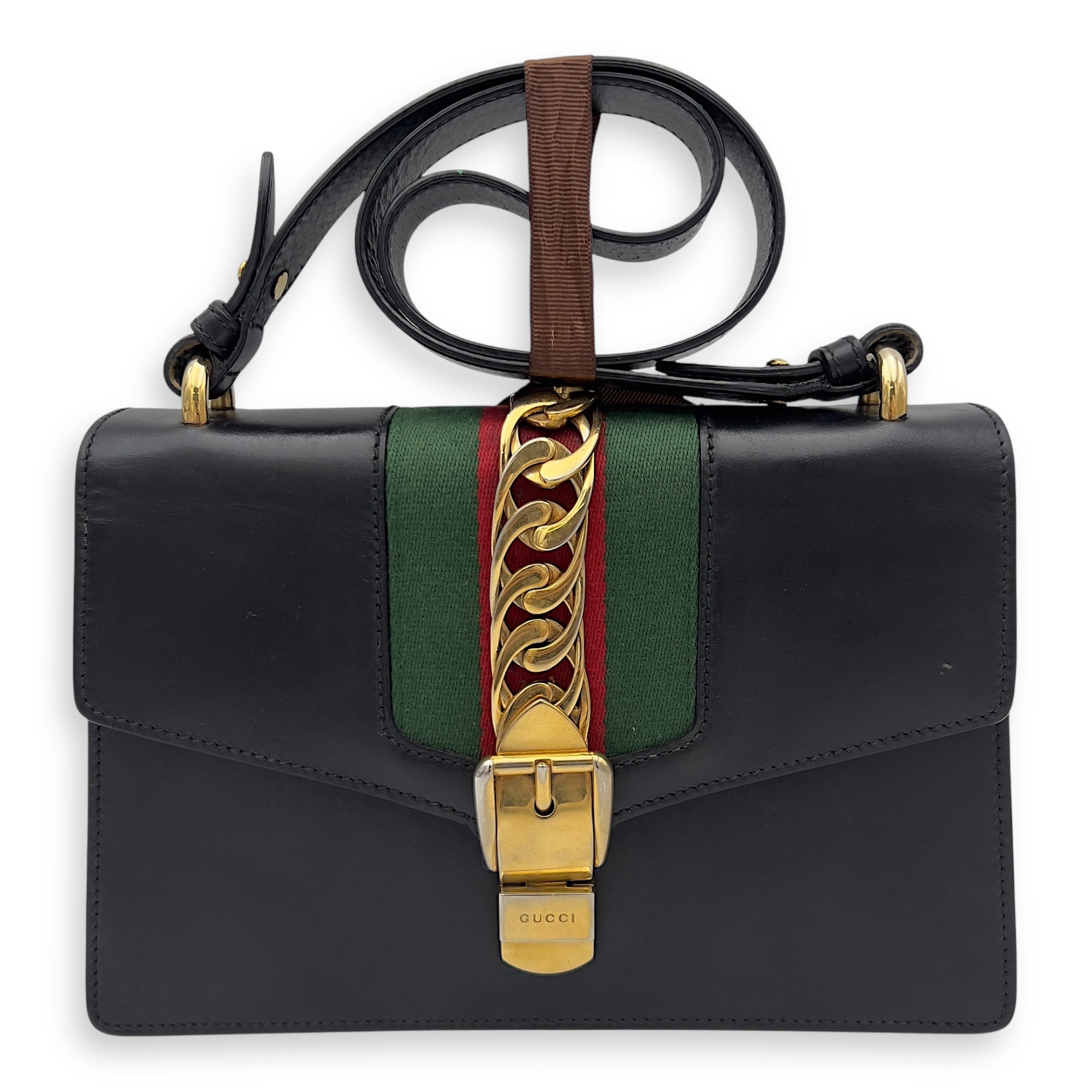 Gucci Sylvie Shoulder Bag Black in Calfskin, Gold hardware_1