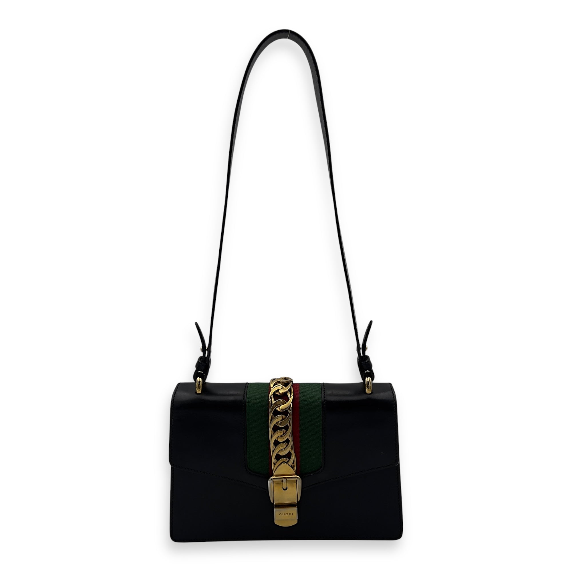 Gucci Sylvie Shoulder Bag Black in Calfskin, Gold hardware_33