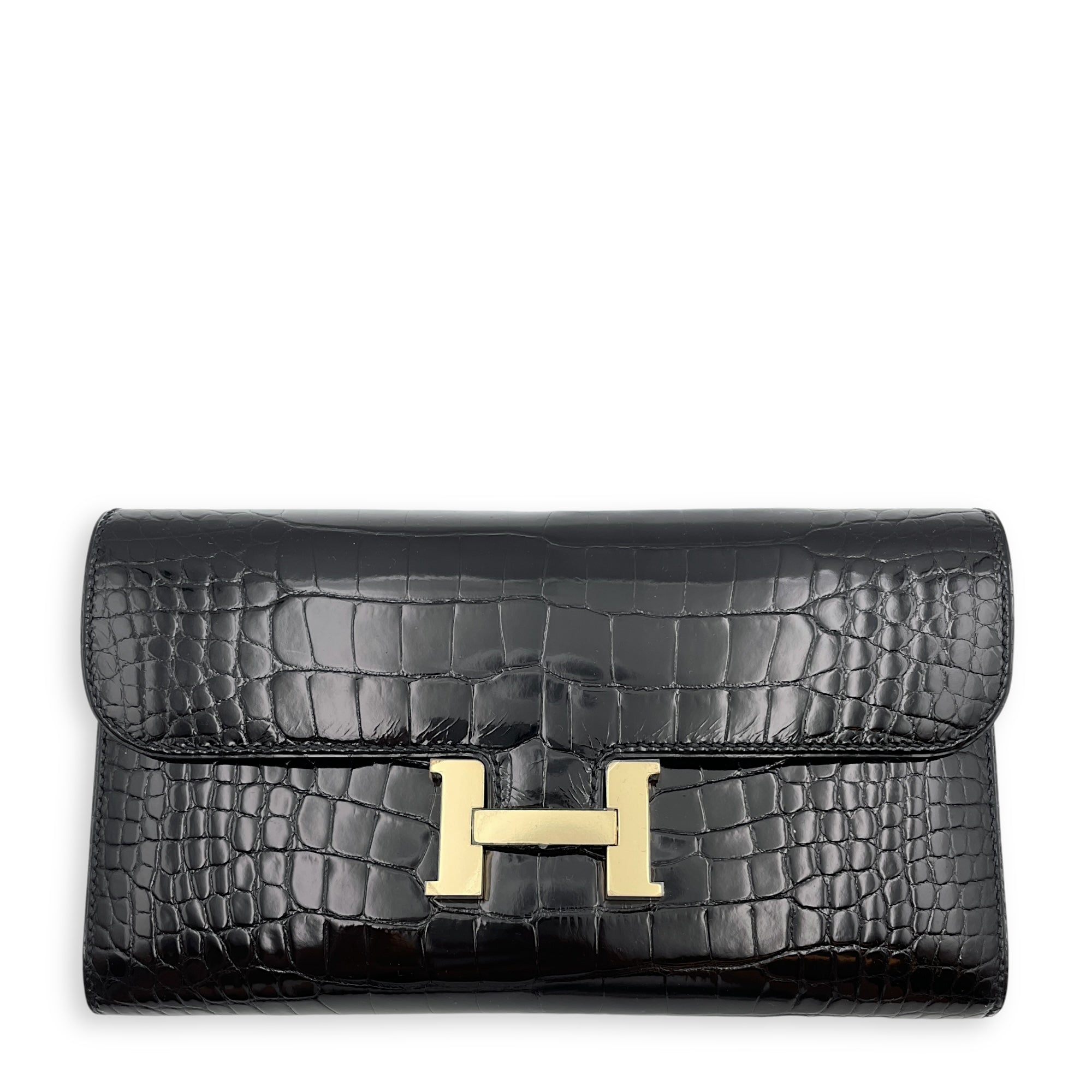 Constance Wallet Black Wallet in Shiny Alligator, Permabrass hardware