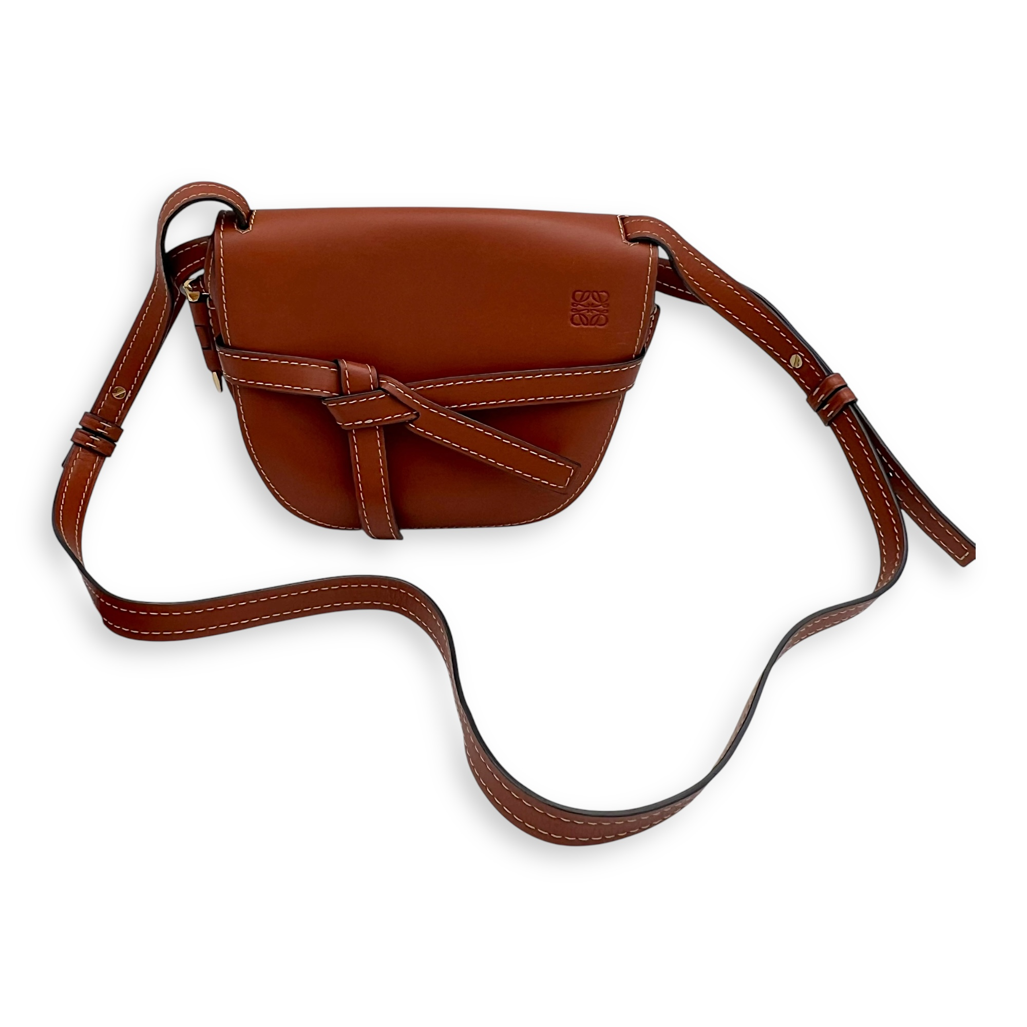 Loewe Gate Small Brown Crossbody Bag in Calfskin, Gold hardware_10