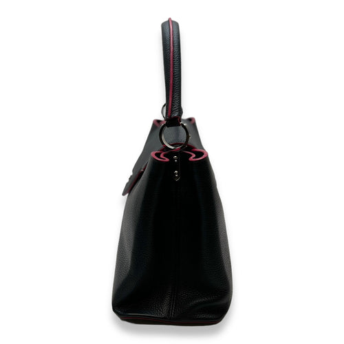Capucines MM Black Top Handle Bag in Taurillon Leather, Silver hardware